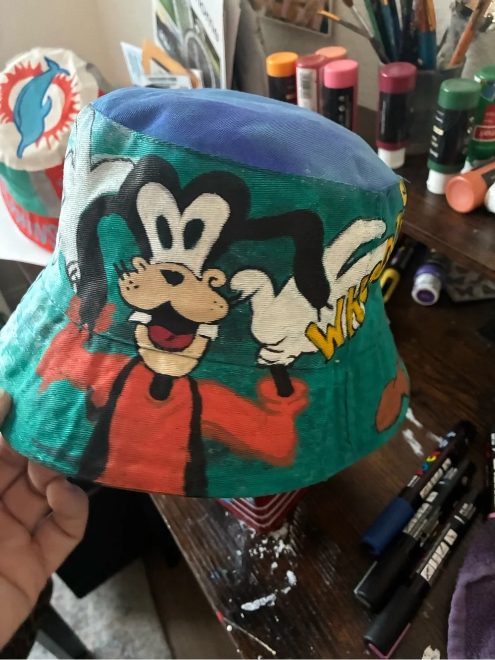 mine Painted Teal & Blue Kids Bucket Hat with Yellow 'WHOOPS'